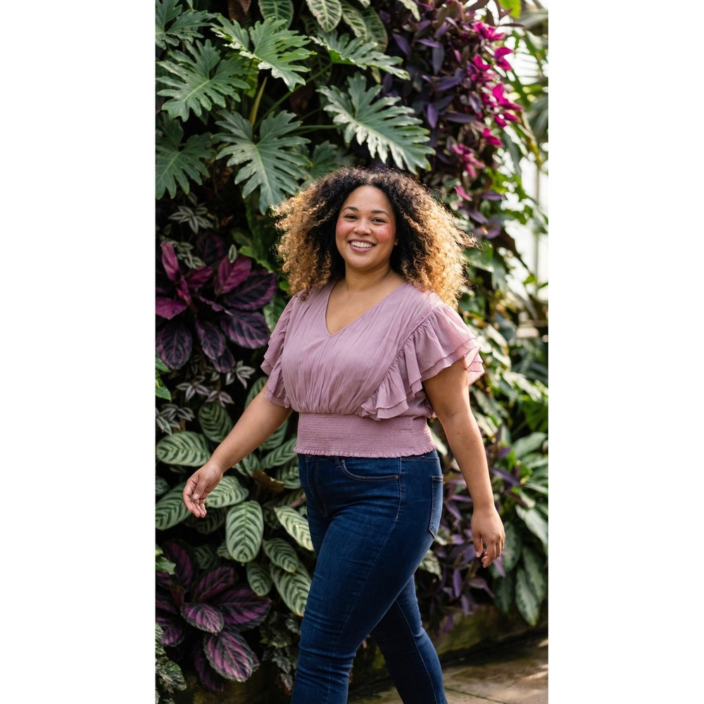 Anthropologie Forever That Girl Mauve Ruffle Smocked Blouse Top 3X Pink Pleated